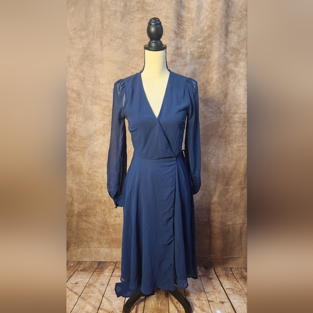 LULUS Navy Blue Long Sleeve Wrap Dress – Sheer Sleeve Midi Dress – Size S